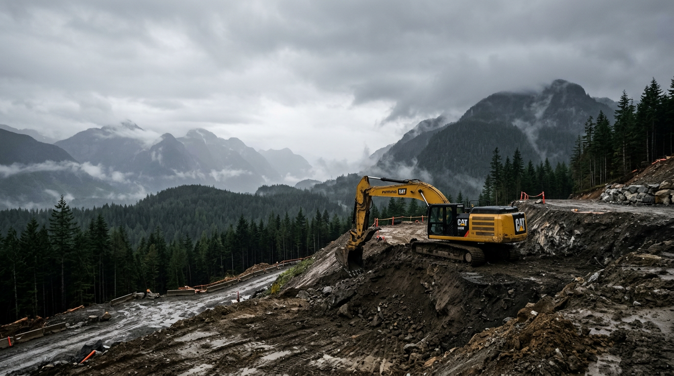 Excavator cutting a road bench on a forested mountainside in the Sea to Sky corridor