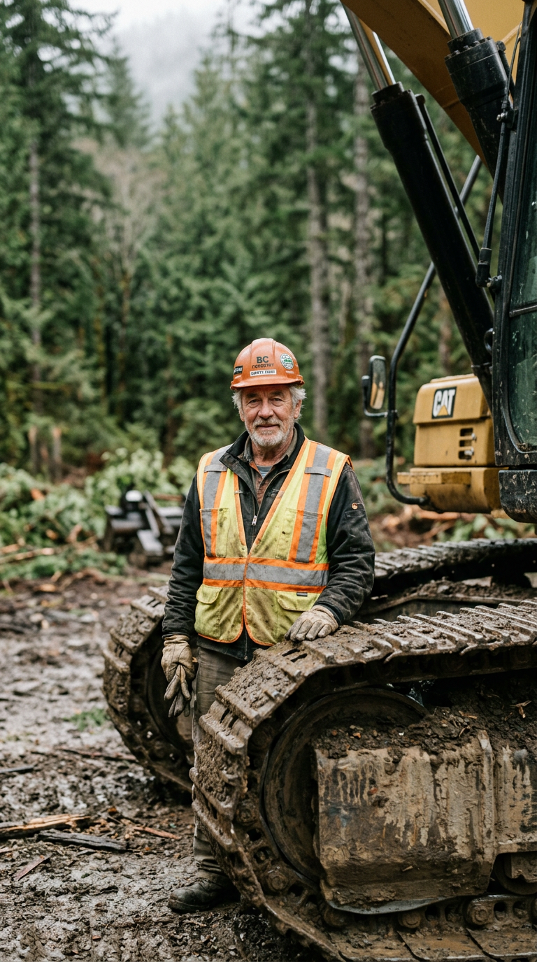 Coastgrade operator in hi-vis standing beside excavator tracks