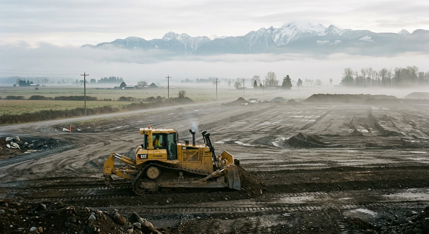 Dozer grading a wide industrial lot in foggy Fraser Valley farmland