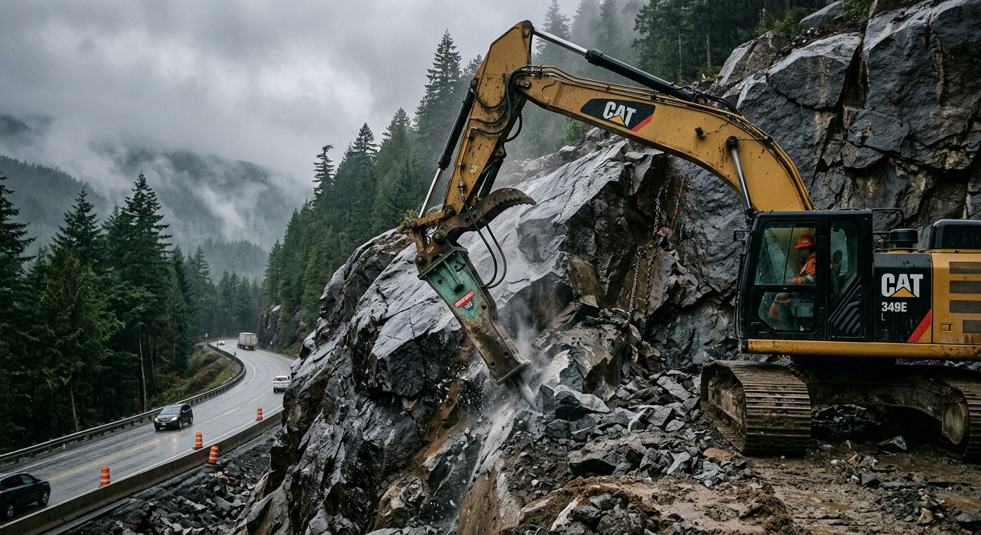 Excavator with hydraulic hammer breaking granite along a coastal highway