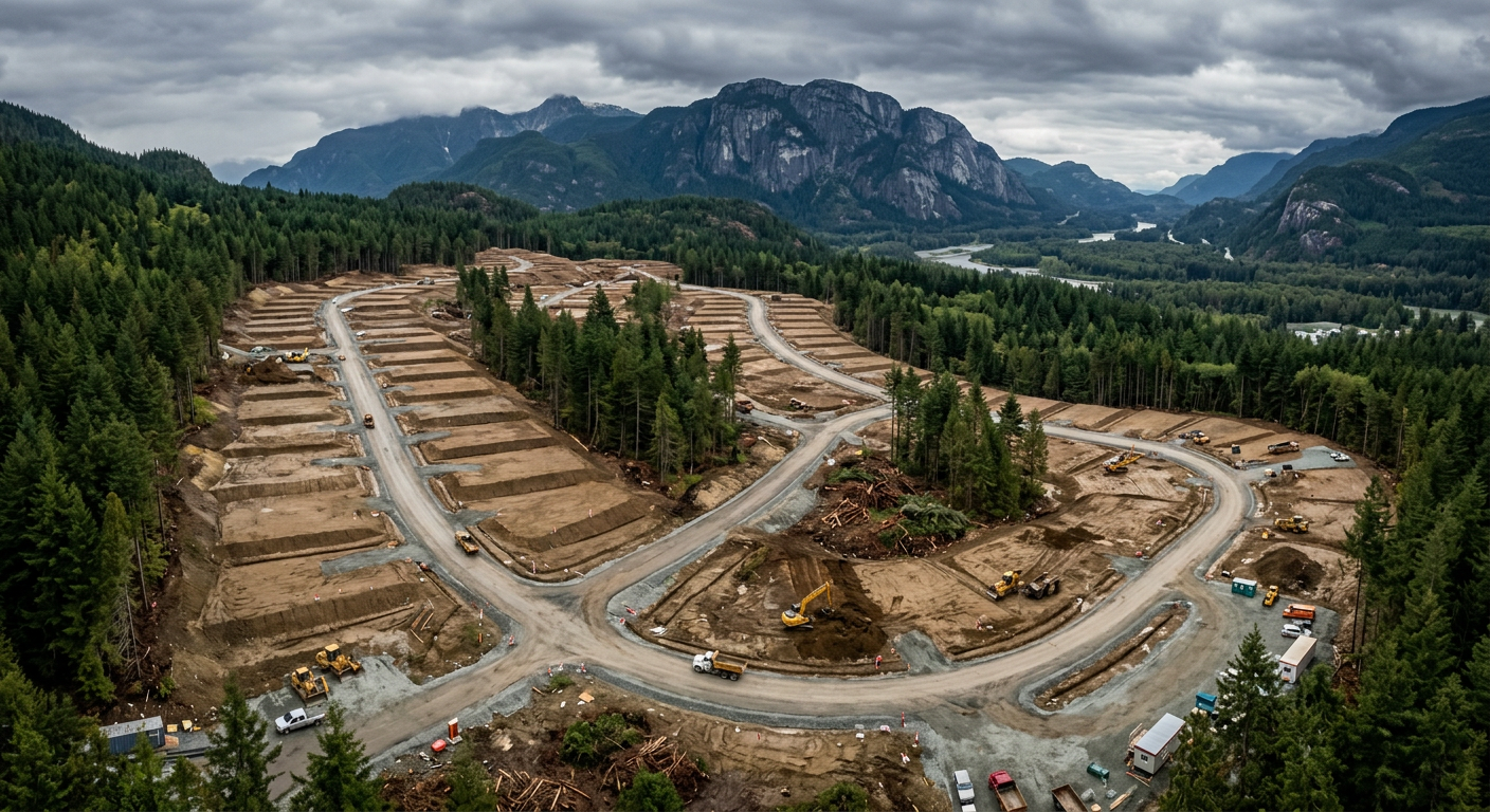 Aerial view of graded subdivision lots and new roads cut into forest below a granite peak